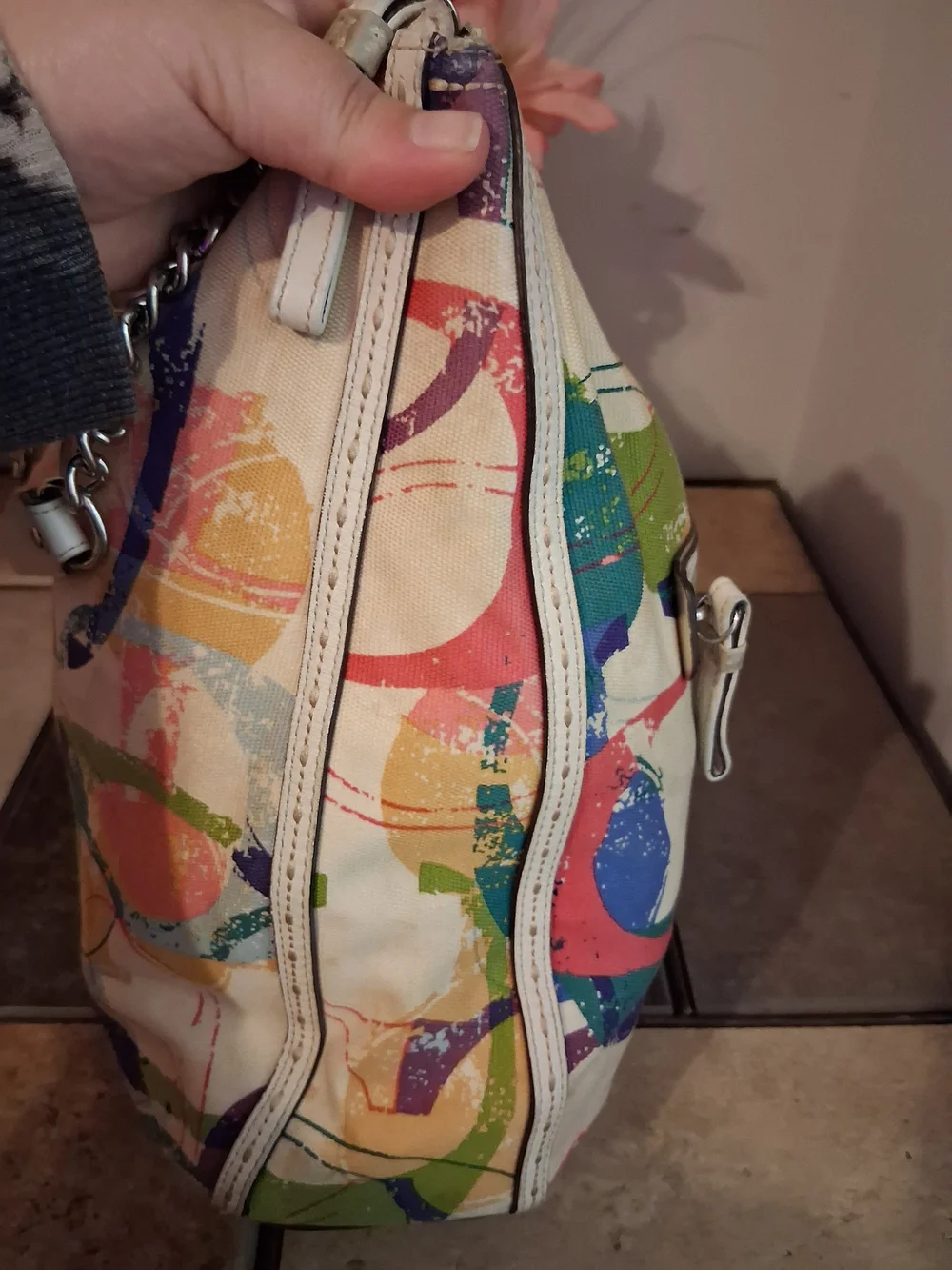 Coach Multicolor Canvas Shoulder Bag with White Leather Trim